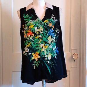 Black floral button-down blouse with lace accents